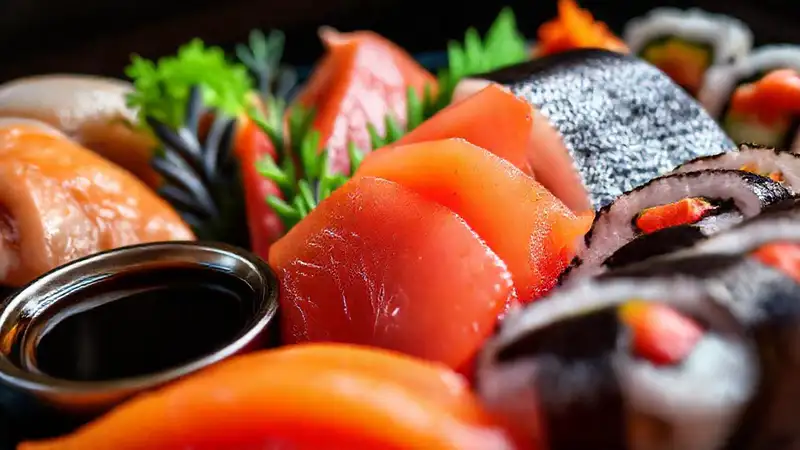 A beautiful, fresh sashimi platter glistens