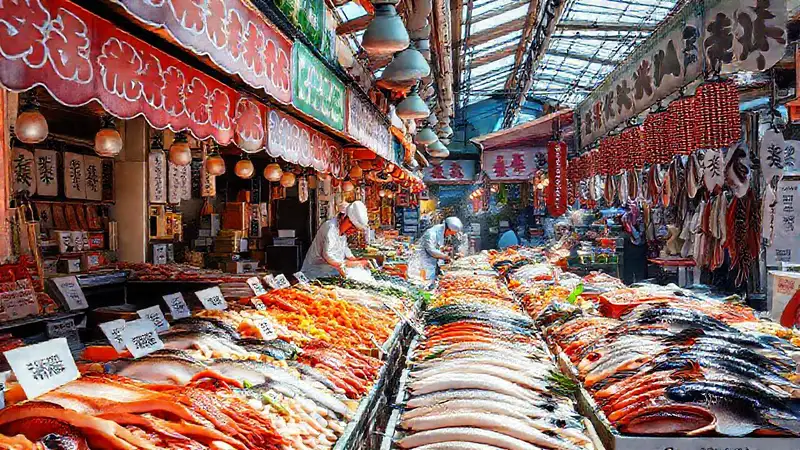Heres a concise option:Hokkaido’s vibrant seafood market is photorealistic