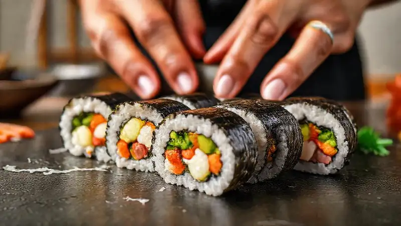 Vibrant sushi rolls are artfully prepared