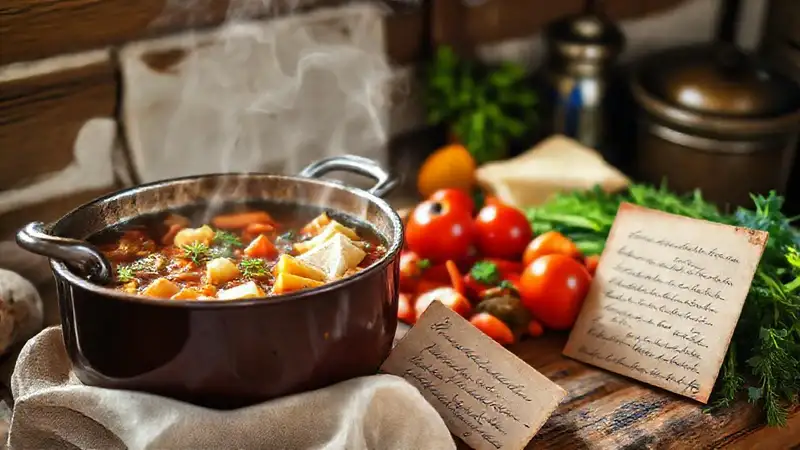 Here’s a concise option:“A rustic farmhouse cooks a stew.”