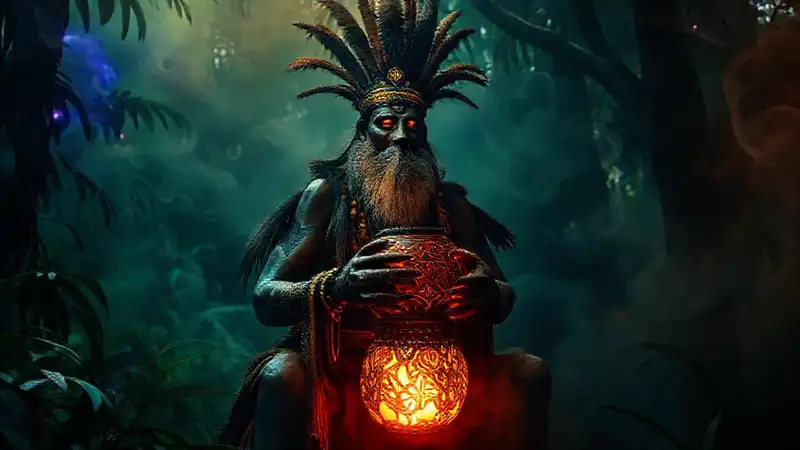 Here’s a concise sentence capturing the essence:“Mystical shaman glows amidst vibrant jungle.”