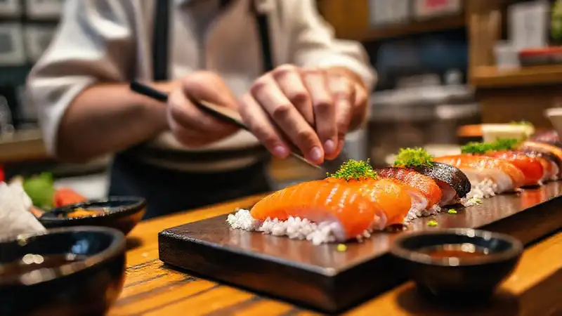 A skilled chef crafts exquisite sushi