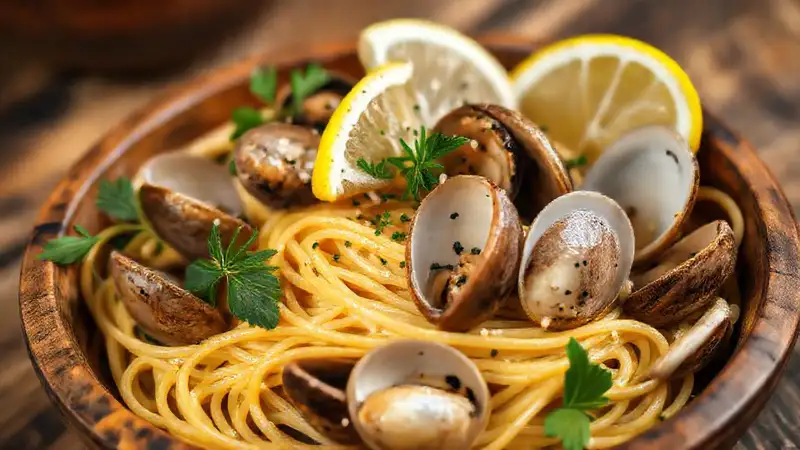 Delicious spaghetti and clams shimmer brightly