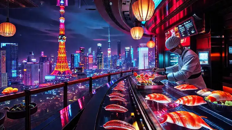 Futuristic Tokyo sushi offers vibrant detail